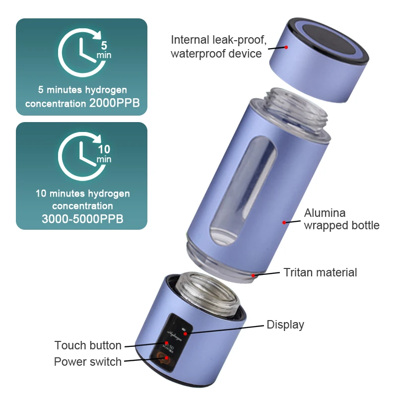 Portable Hydrogen Water Generator with SPE and Pem Technology Rechargeable Portable Glass Hydrogen Water Generator Bottle