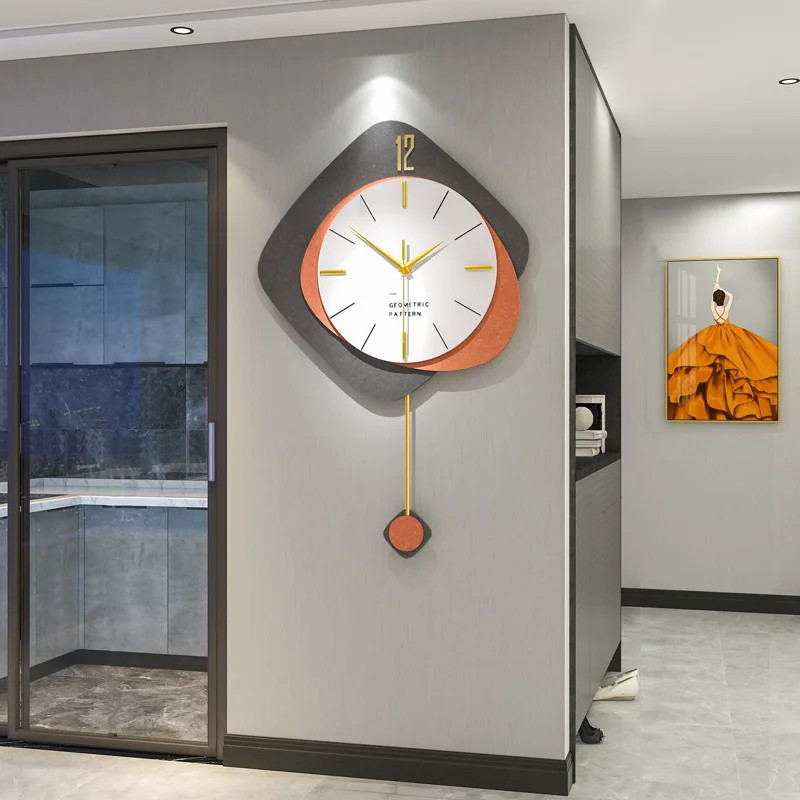 Metal Pendulum clock modern light luxury wall clock with brass scale color MDF clock face