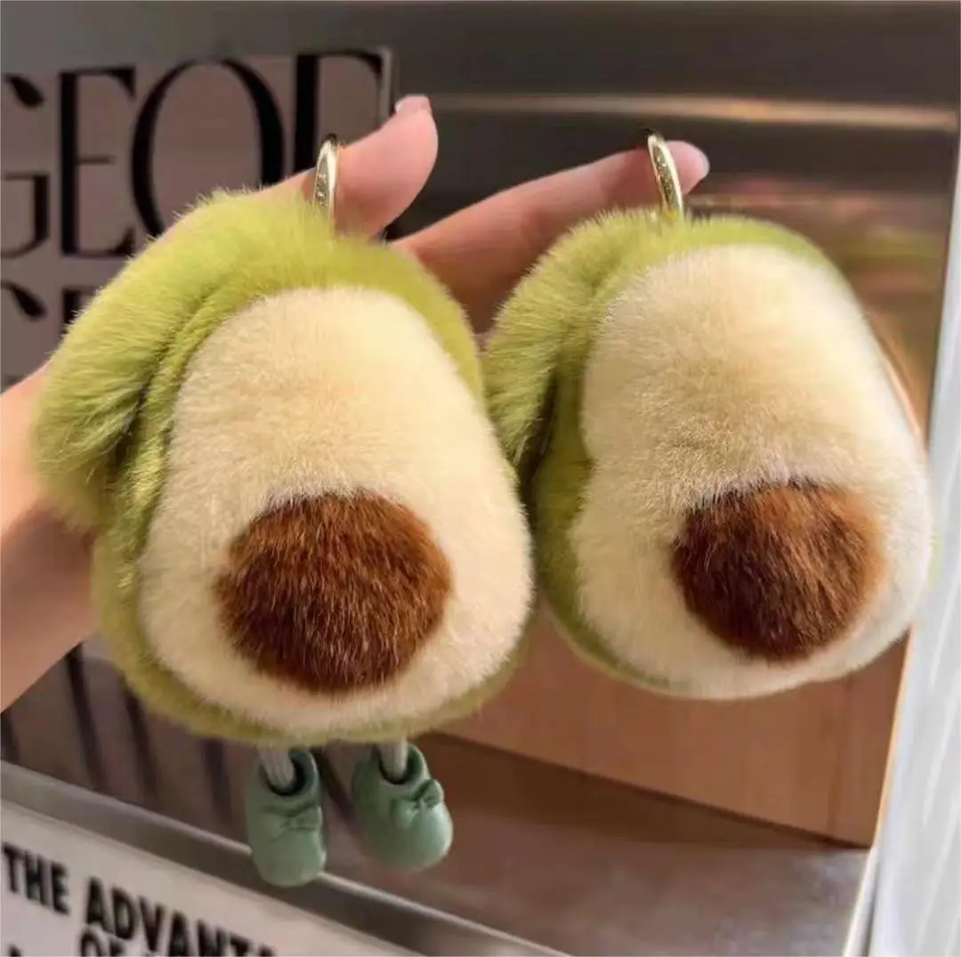 Xun Xin Stuffed Avocado Fruit Soft Plush Toy Rex Rabbit Fur Kawaii Avocado Shaped Keychain For Women Car keys And Bag Charms