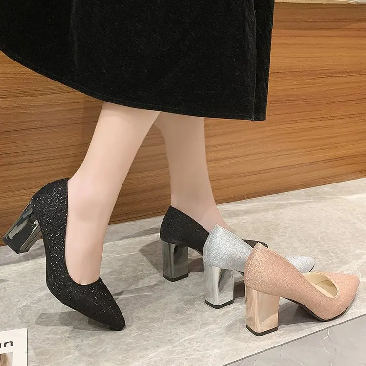 Women Big size Wedding shoes Sweet Noble Gold Silver Sequins Wedding Bridesmaid Chunky heels Fashion Leisure Shallow mouth Pumps