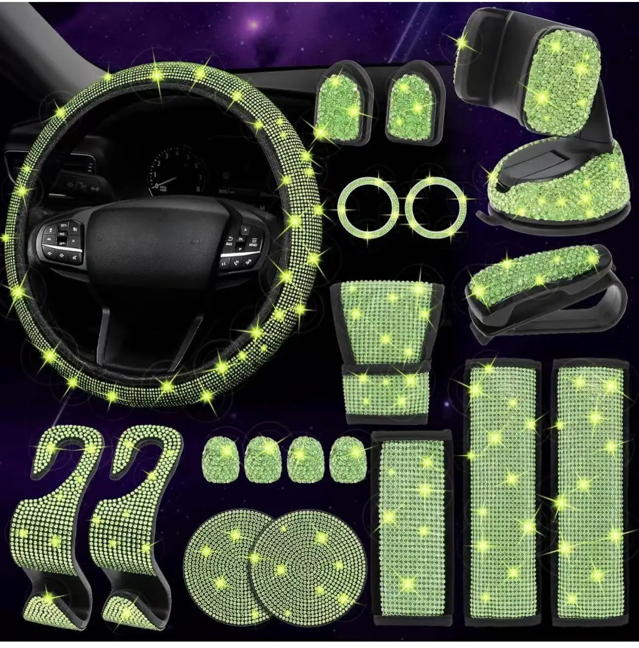 Car Phone Holder Bling Car Steering Wheel Cover Rhinestone Bling Car Accessories Set