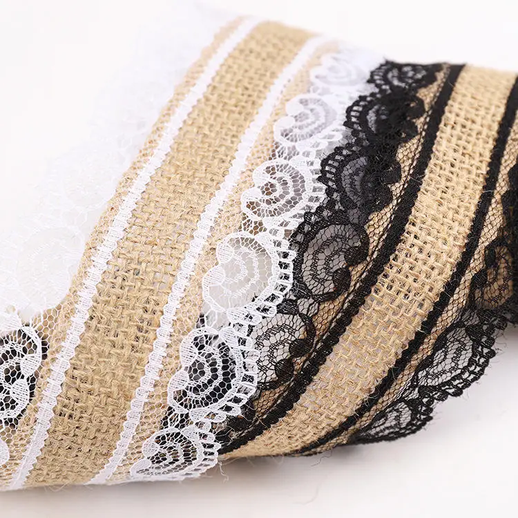 natural burlap jute ribbon with black lace trims tape for DIY rustic hessian craft ribbon for vintage wedding wreath burlap roll
