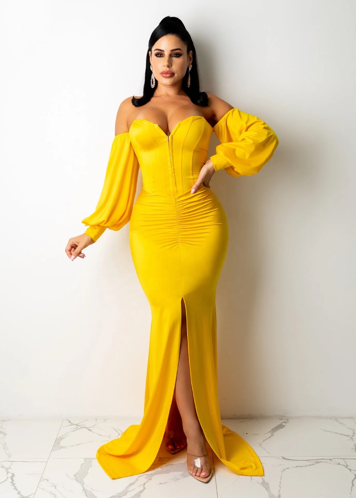 KX New stylish zipper off the shoulder corset party gowns for women evening dress long split