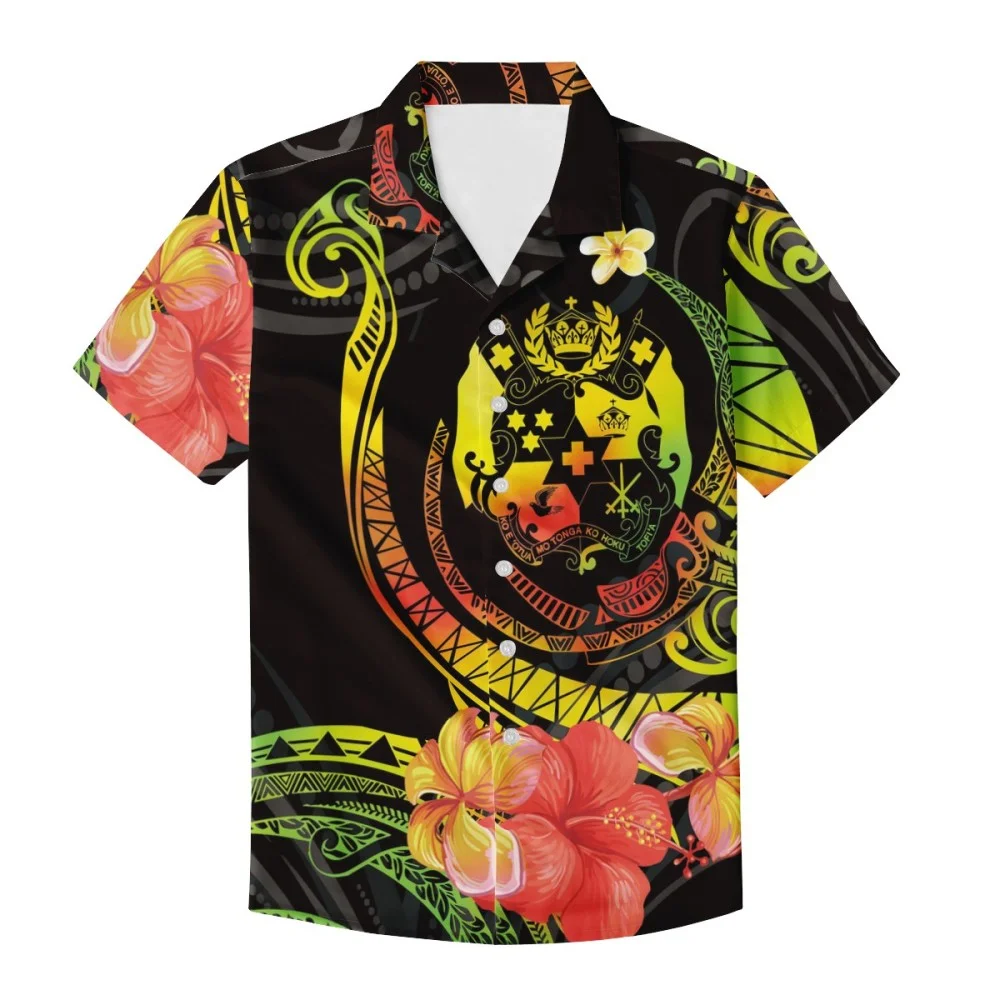 OEM custom mens vacation streetwear short sleeve camp collar over print relaxed fit shirts Rasta Polynesian Samoa Style Design