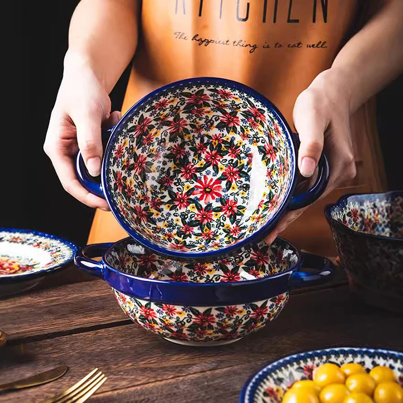 Ethnic Fancy Dubai Plates Sets Polish Style Retro Floral Salad Porcelain Bowl Dishes Ceramic Dinnerware Set