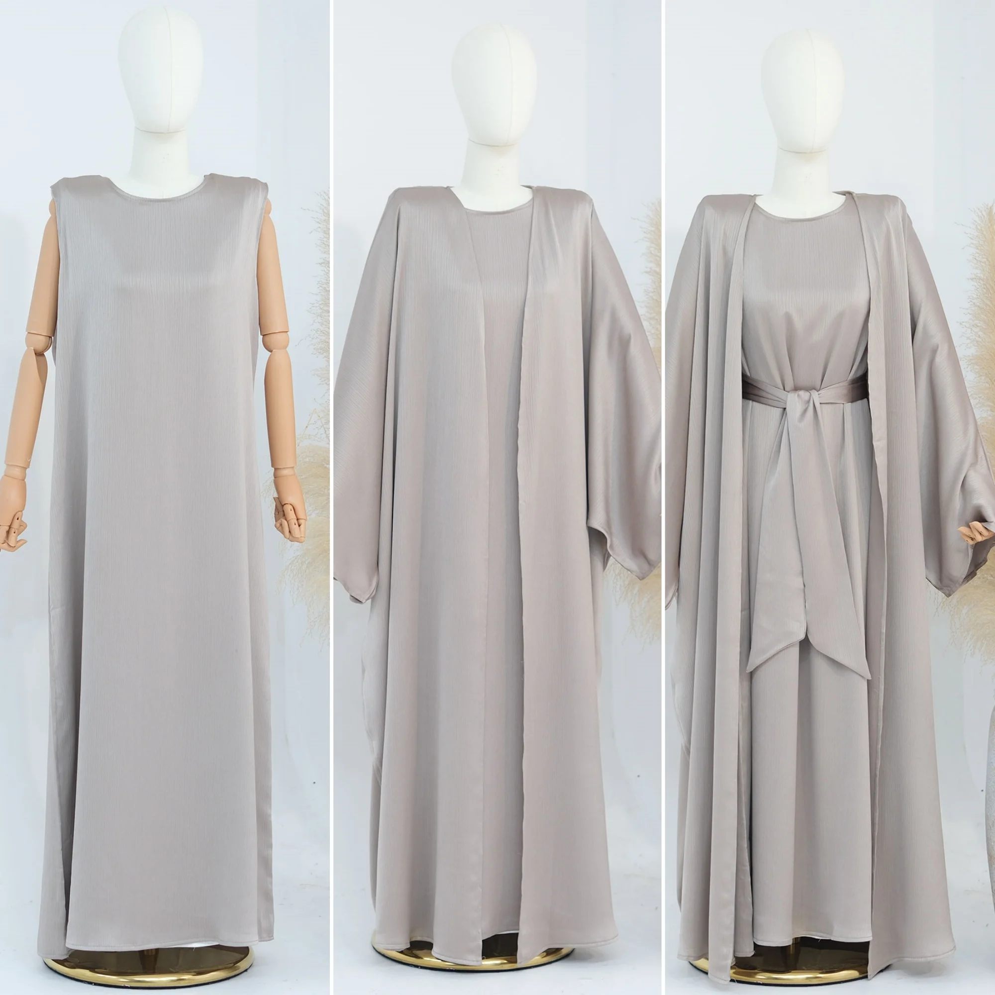 OEM ODM Loriya Abaya 2024 High Quality Luxury 2PCS Abaya Set Shimmer Maxi Dress Satin Inner Slip Dress Wider Belt And Open Abaya