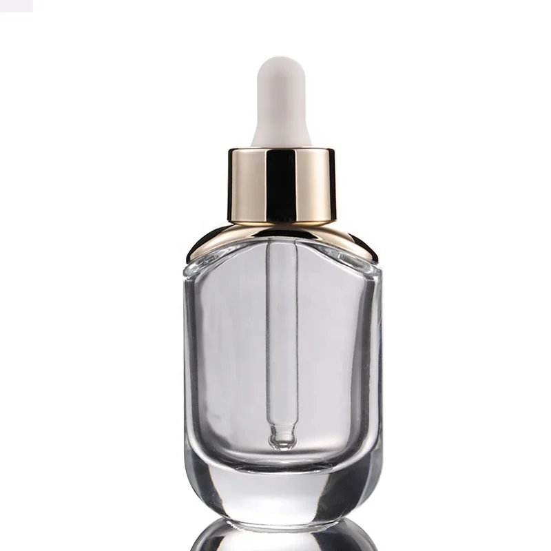 Wholesale transparent flat square glass dropper bottle 30ml glass bottles with gold silver dropper cap
