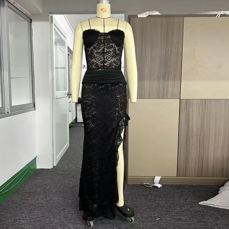 Channel 2024 Summer Sexy See Through 2 Piece Long Skirt Set For Women Floral Bandeau Strapless Lace Top Split Maxi Skirt Outfits