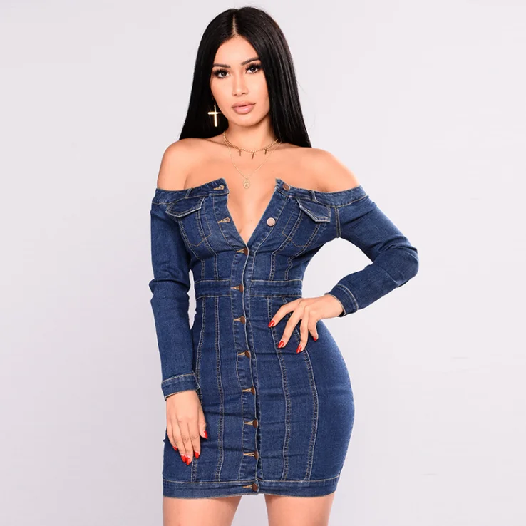 Korean Women Autumn Denim Dress Shouderless V-neck Sexy Jeans Dresses For Women