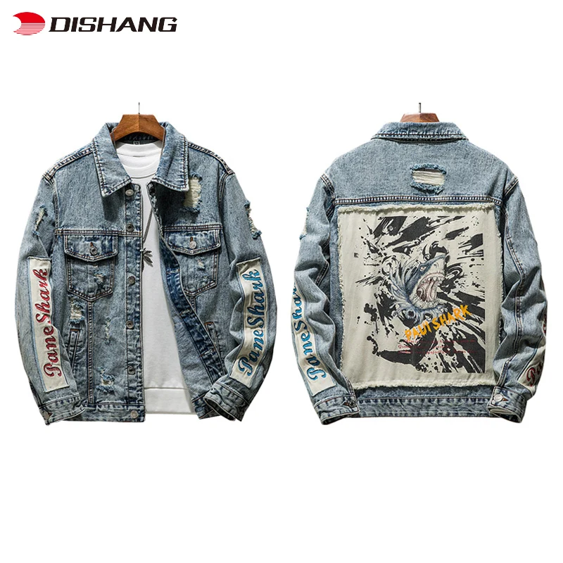 High Quality Fashion Trend Retro Style Print Ripped Loose Jacket Denim Jacket Plus Size Men