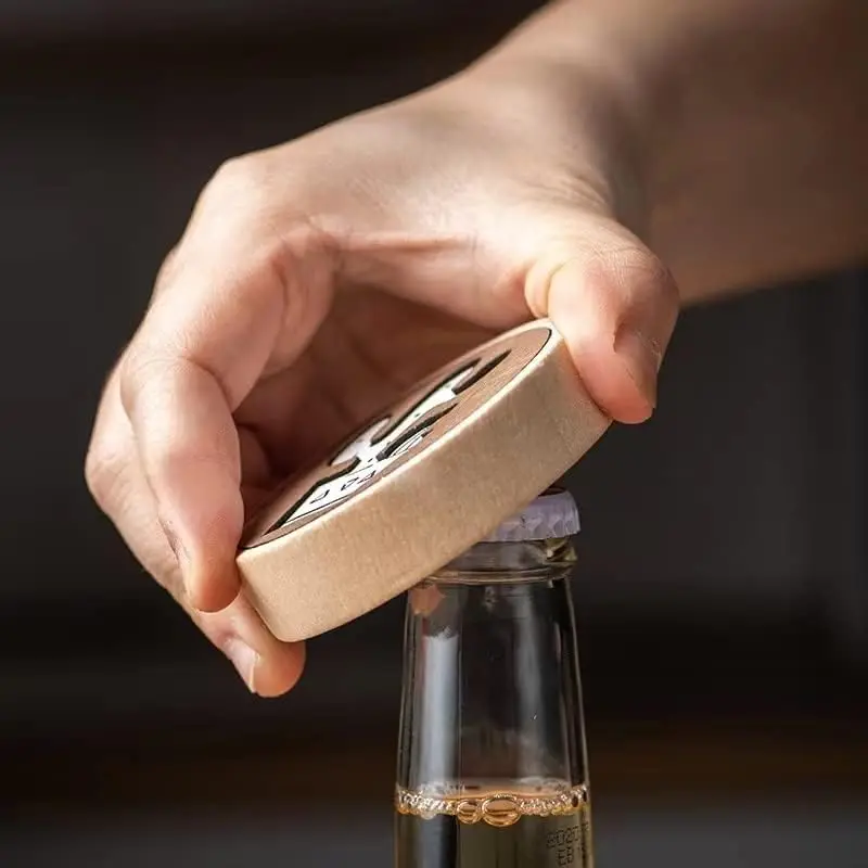 Beer Bottle Opener, Funny Wooden Magnetic Fridge Magnet,Round Wooden Bottle Openers Engraved Patterns For Home Kitchens Bars