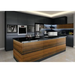 Handle free modern design matt finish lacquer kitchen cabinet with wooden island
