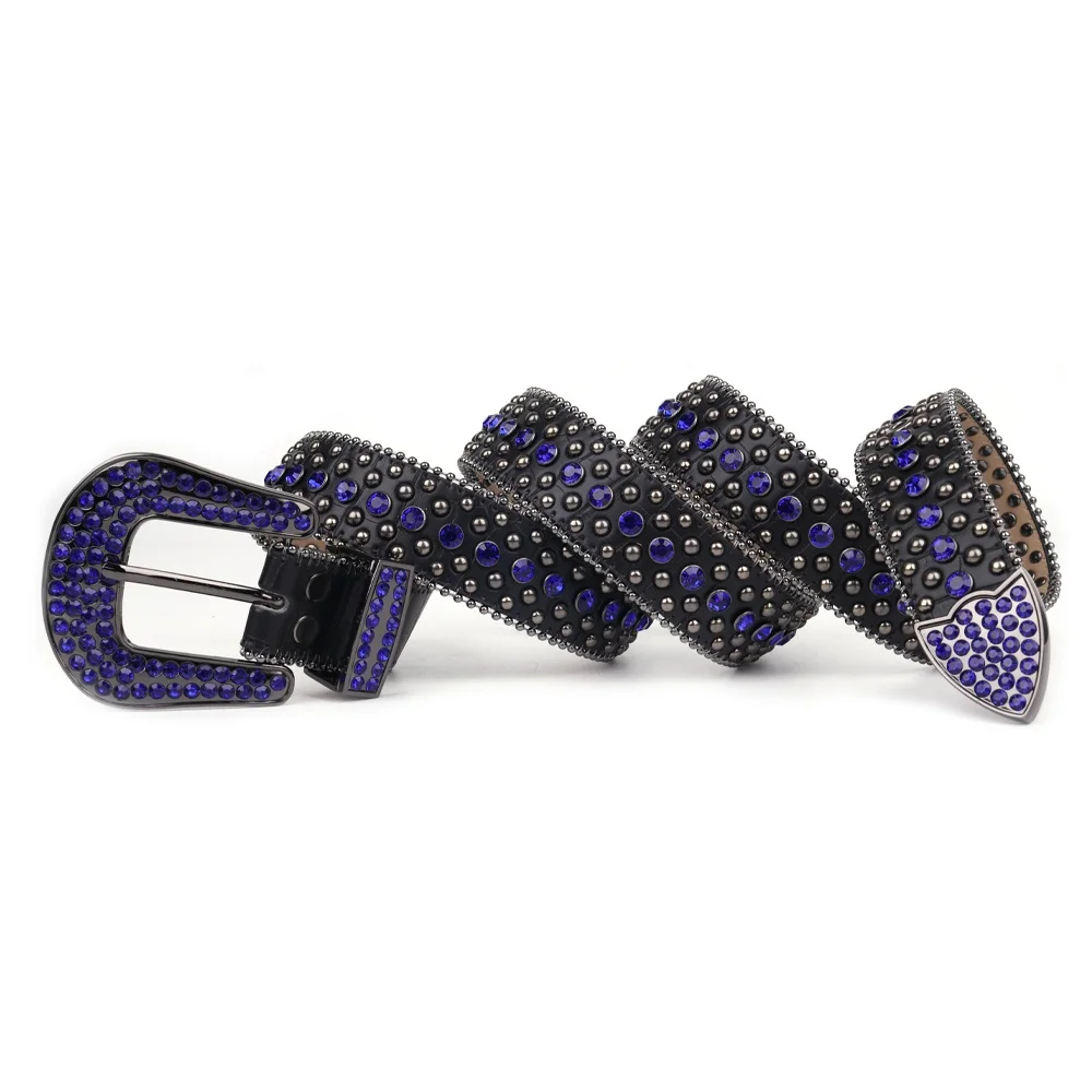 TENGMEI Retro Black Bling Bling Rhinestone Belt With Blue Diamonds And Round Rivets