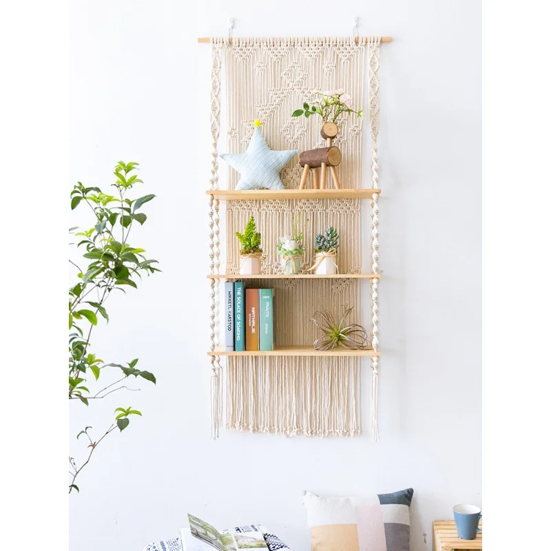 Handmade Woven Rope Macrame Wall Hanging Shelf 3 Tier Boho Shelves Organizer Hanger for Kitchen