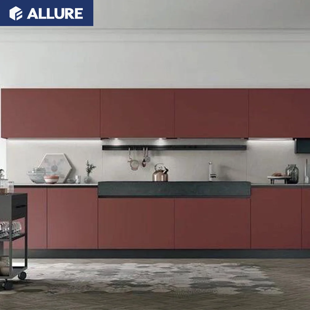 Allure hong kong plastic pantry red metal kitchen cabinets supplier with high gloss vinyl wrap doors