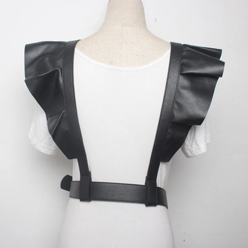 Hong Kong Style Black Lotus Leaf Lace PU Leather Double Shoulder Wide Party Suspenders Belts Female and Male