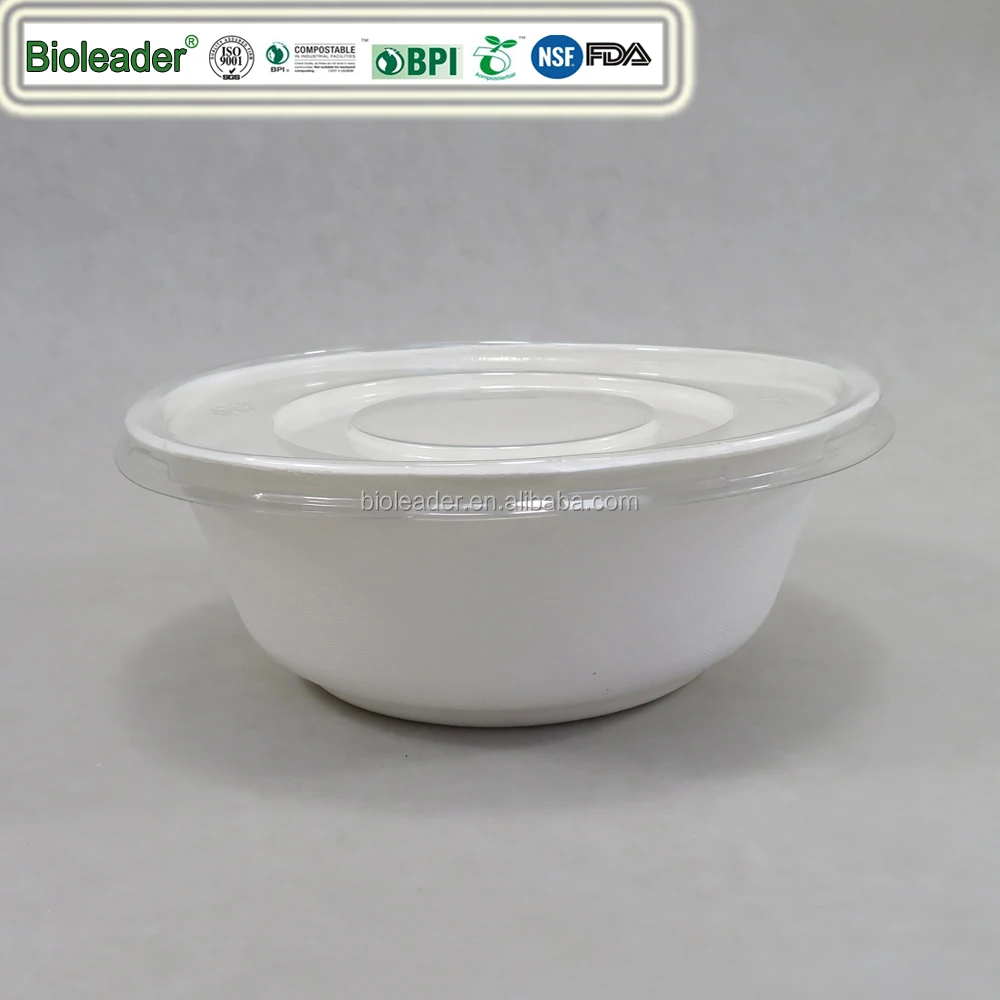 Disposable Biodegradable Sugarcane Bagasse 32oz 1000ml Soup Salad Bowl with PET Lid