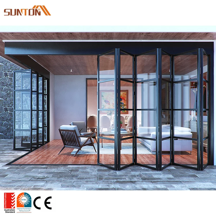 External Metal Aluminium Partition Folding Door Exterior Patio French Aluminum Alloy Glass Bi-folding Doors with Grill Design