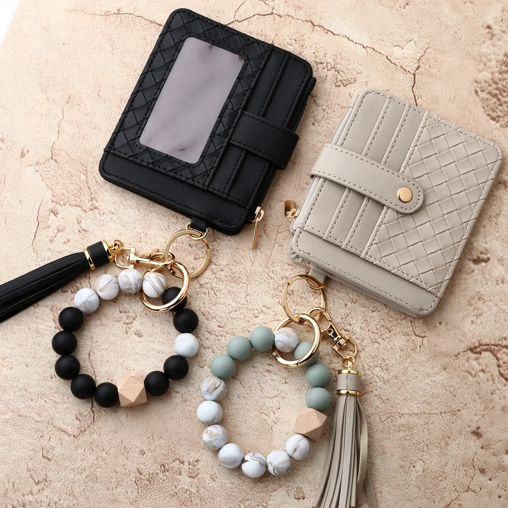Portable Keys Ring card Holder Silicone beaded bracelet wallet wristlet cardholder Keychain