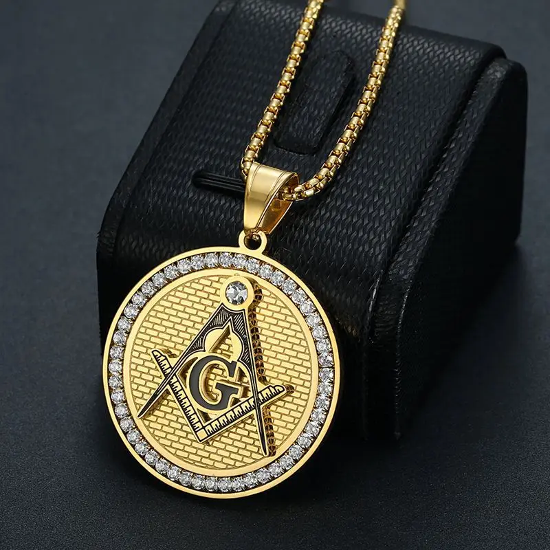 New Hot Selling Fashion Luxury Classic Vintage Diamond Zircon Masonic Stainless Steel Pendant Necklace For Men And Women