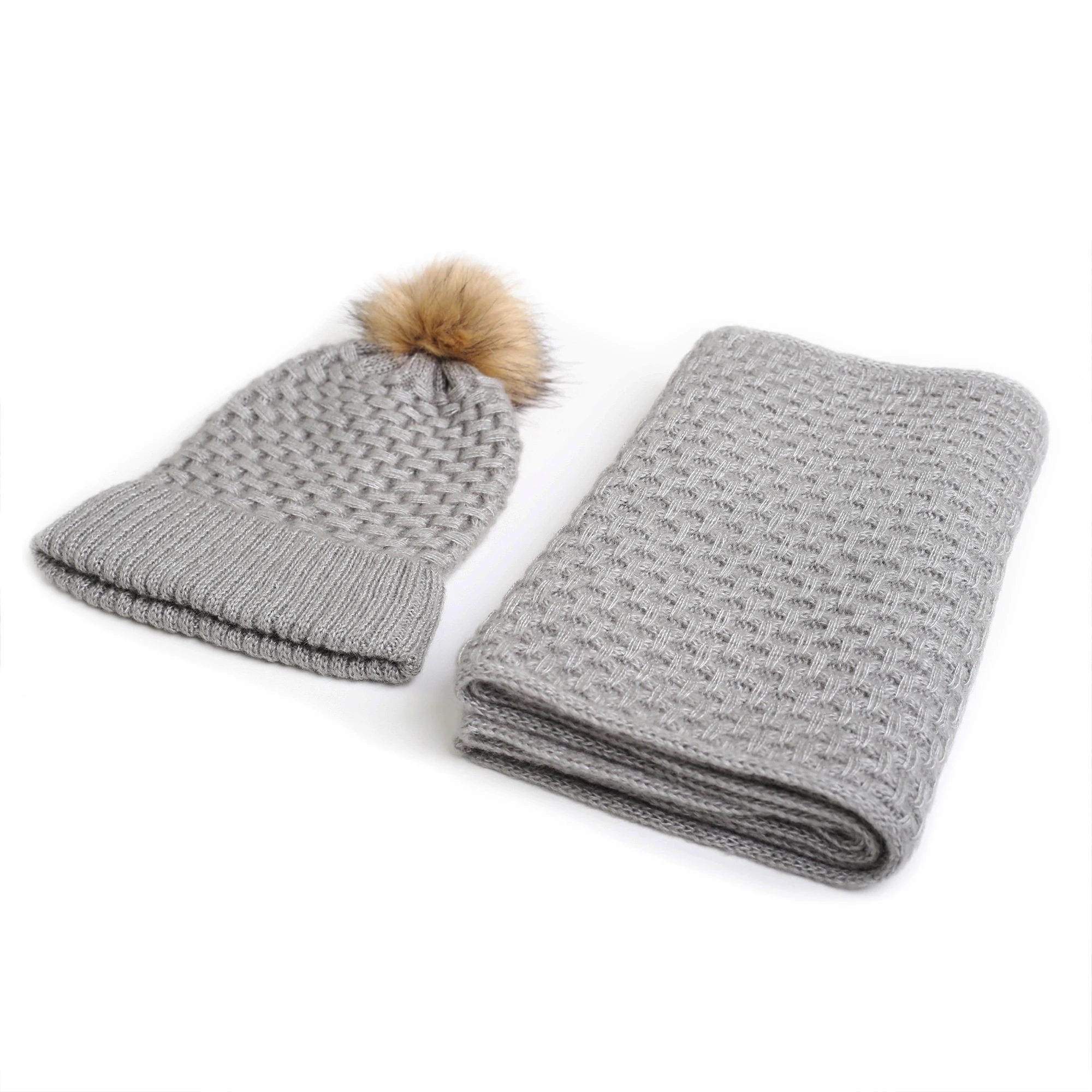 Fuzzy warm solid basket knits winter beanie hats and loop scarf set with bellyband packing