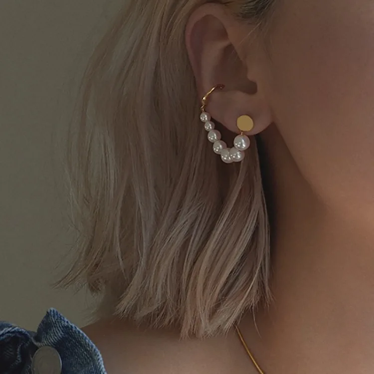 925 Silver Needle Pearl Hoop Earring Imitation Ear Cuff round piece light luxury