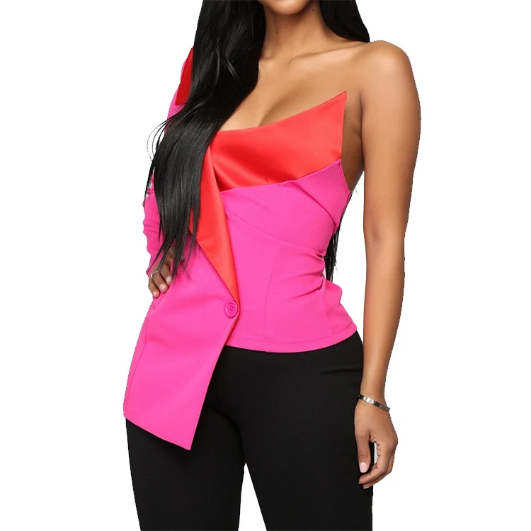 
Women fashion Hot Products One Shoulde Slim Graffiti Leather Blazer Long Sleeve Single Pink Blazer 