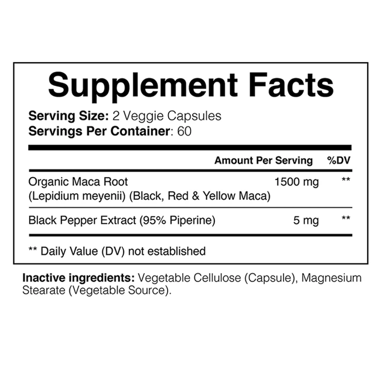 Black Maca Root Veggie Capsules Vegan Non-GMO Gluten-Free Max Strength Organic Maca Root Powder Capsules