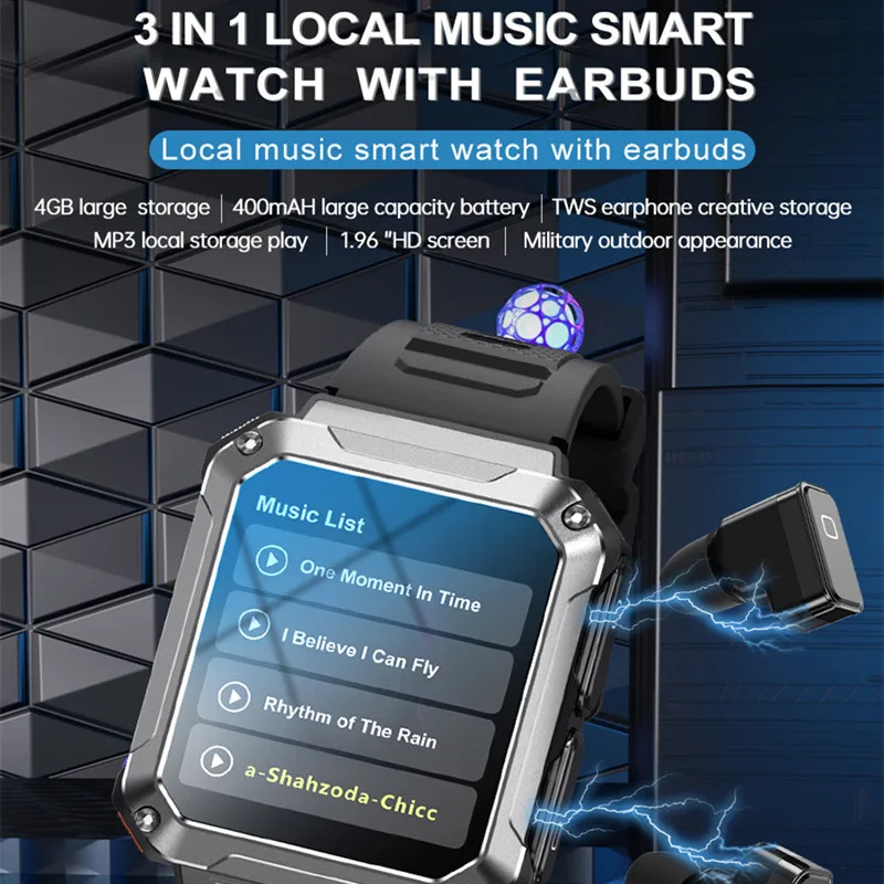 T93 Smart Watch 3-in-1 TWS Earphones 4GB Large Memory Bluetooth Call 1.96 "HD Screen Local Music Earbuds Headset Smartwatch