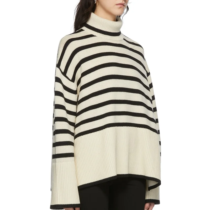 Manufacturer flared sleeve white striped sweaters for women patchwork high neck women pullovers long collar lapel women sweater