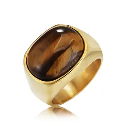 Fashion Mens Stainless Steel Gold Rings Personality Big Tiger Eye Stone Agate Rings for Men