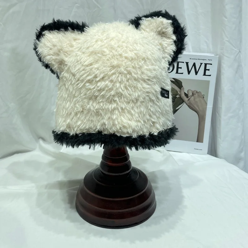 Sweet and Cute Bear Ears Matching Color Fisherman Hat Female Autumn and Winter Fashion Warm Ear Protection Furry Bucket Hat