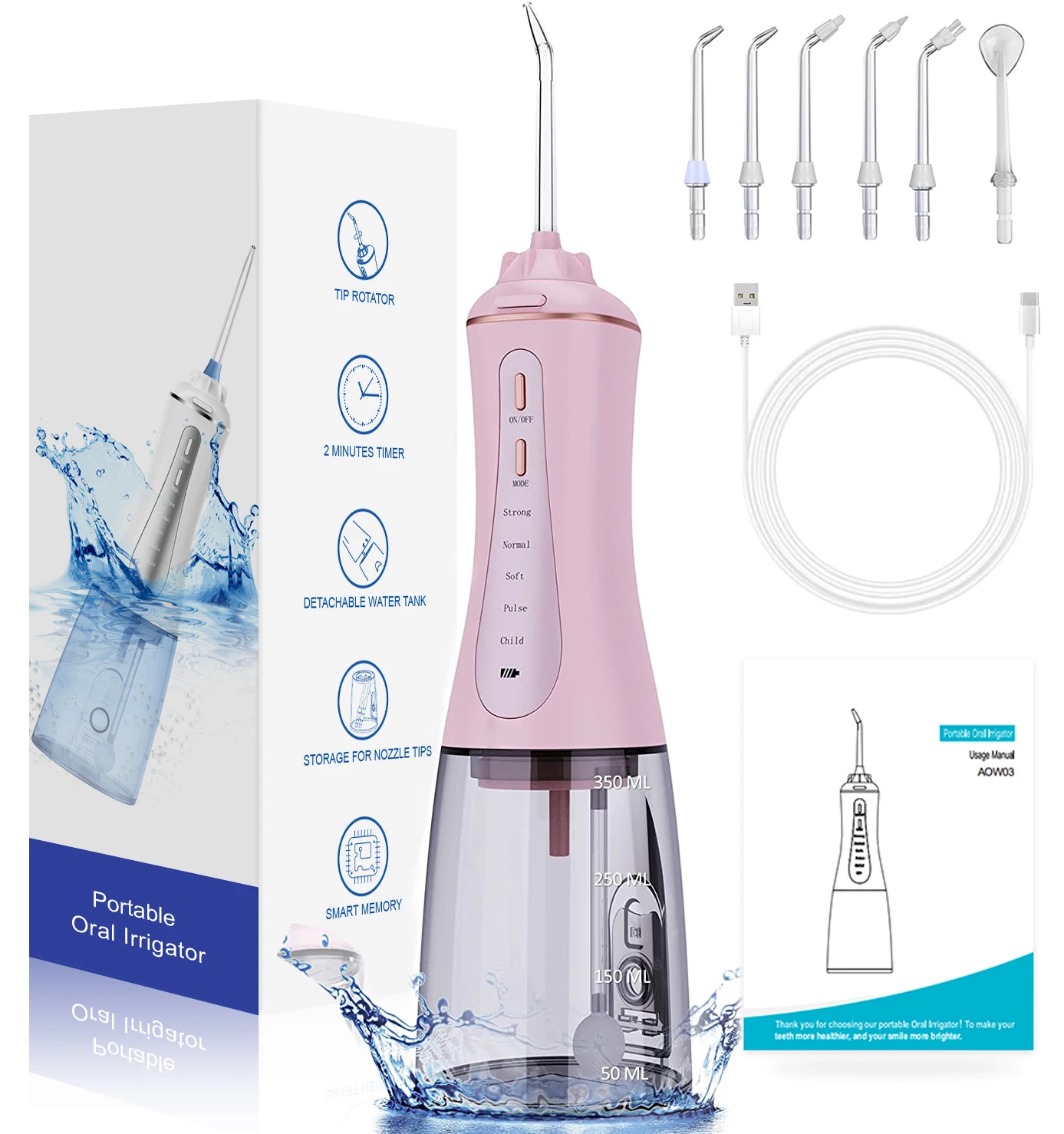 electric tooth cleaner water flosser portable IPX7 oral irrigator 350ml water tank 6 tips