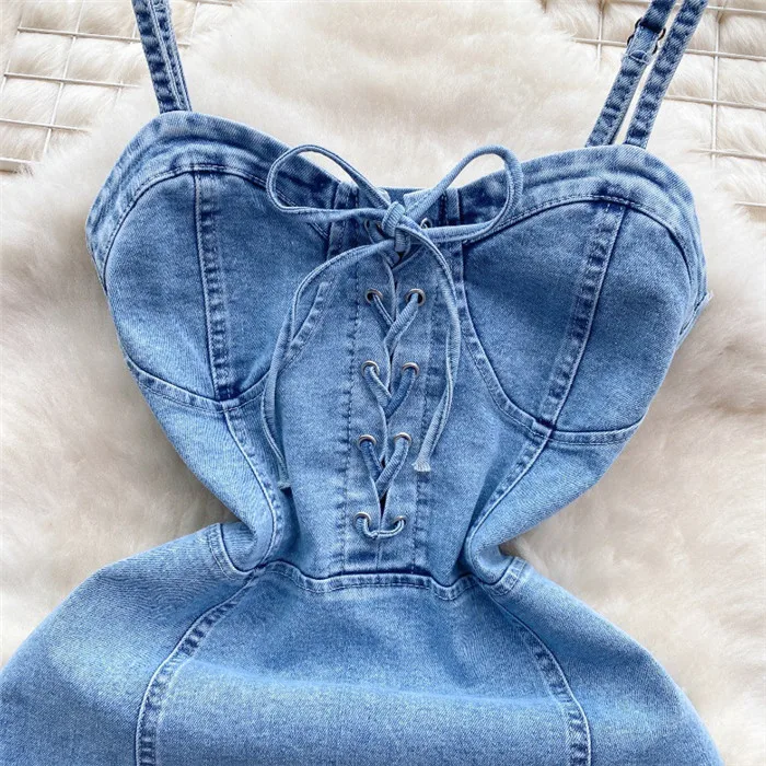 Spring Korean-style Outfit - Sweet Tied Belt Denim Skirt with Slim Fit Short Strap Dress for Women Exuding an Elegant Atmosphere