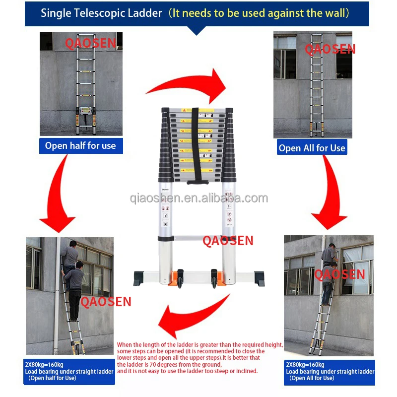 Upgrade 8.0M Single Telescopic Ladder with Balance Bar Aluminum