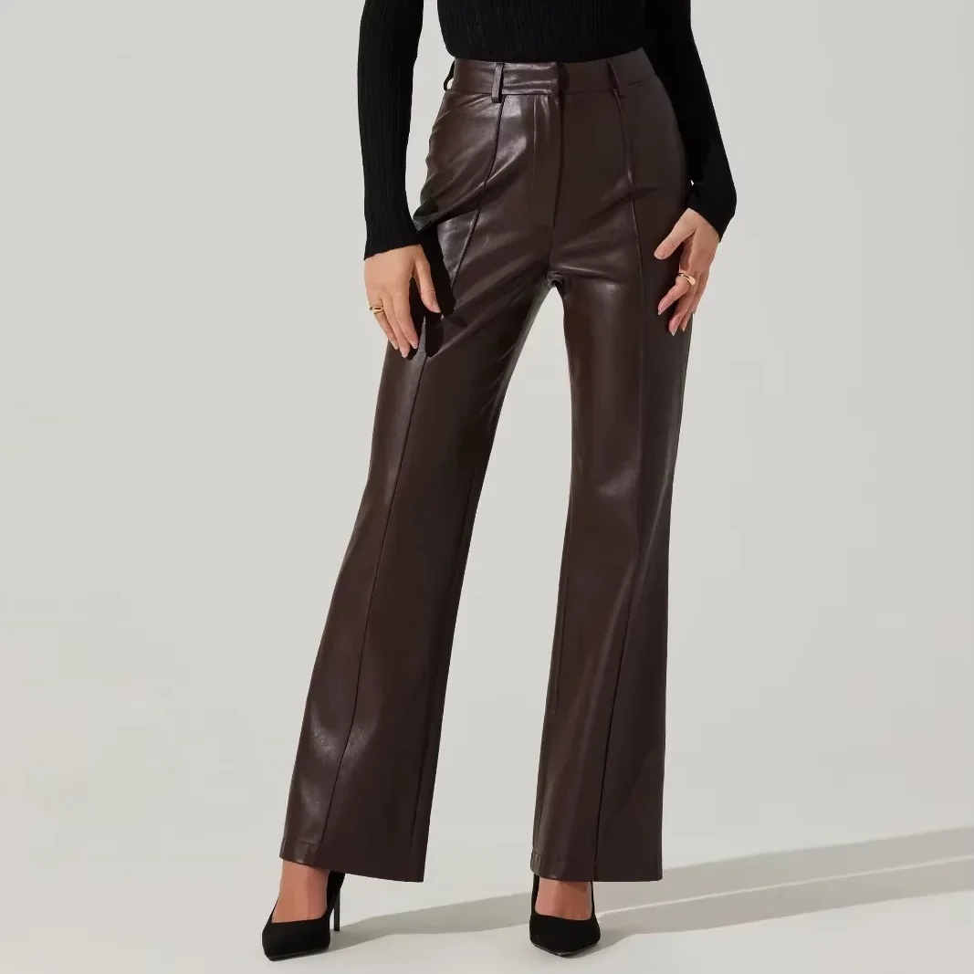 Elegant High Waist Wide-Legged Faux Leather Pants Women