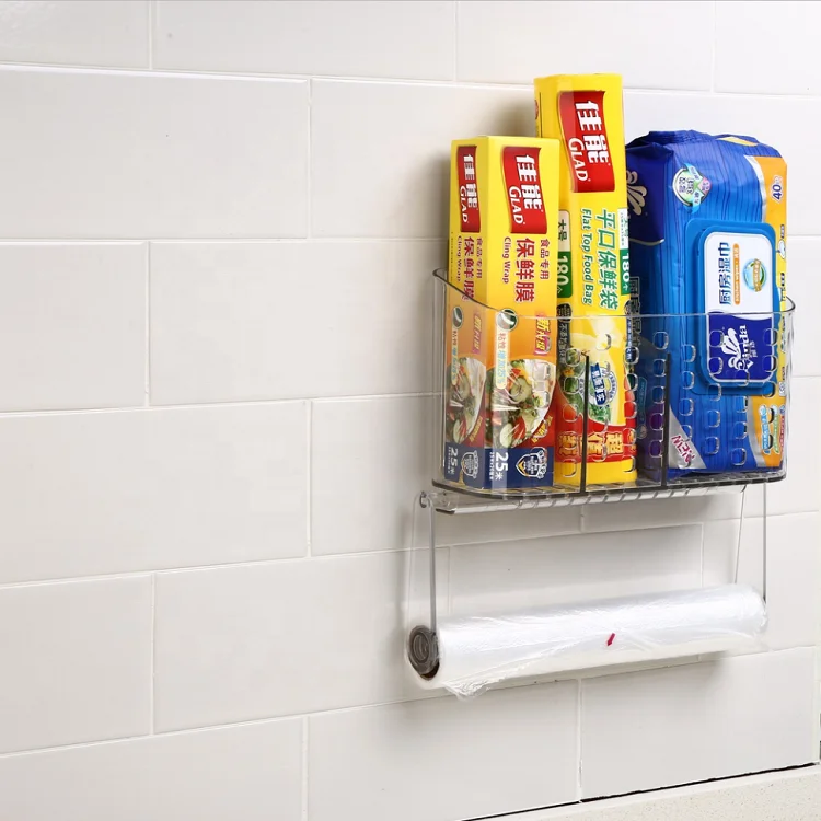 Luxury Clear Acrylic Free Punching Wall Mount Kitchen Rack Tissue Paper Towel Plastic Storage Bag Roll Holder with Suction Cup