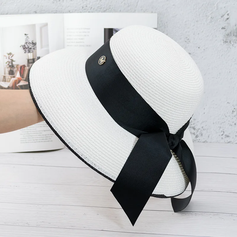 Hepburn lampshade straw hat female fairy sunscreen big brim hat bow tie retro hat French style