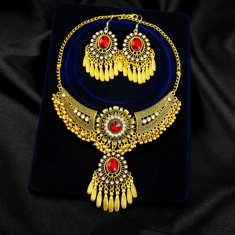 Fashionable alloy exotic retro ruby earrings fashionable artistic fringe set