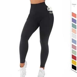 Custom Design Yoga Pant Workout Tights Plus Size Running Gym Wear  V Line Waist Women Black Yoga Leggings with Phone Pockets