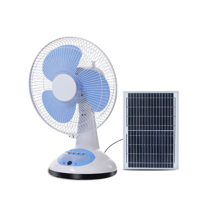 factory price 12 inch 12V DC Brushless Motor 3 Blades 3 Wind Speed adjustable AC DC Charging solar rechargeable fan with LED li