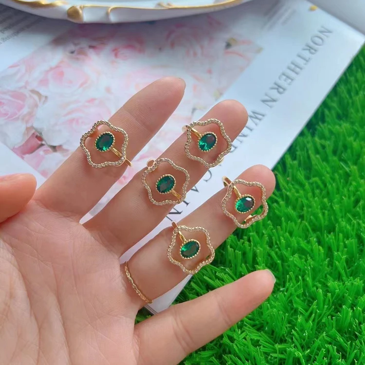 Dainty rainbow rhinestone gold plated stone pave flower design finger rings geometrical shape hand rings for women