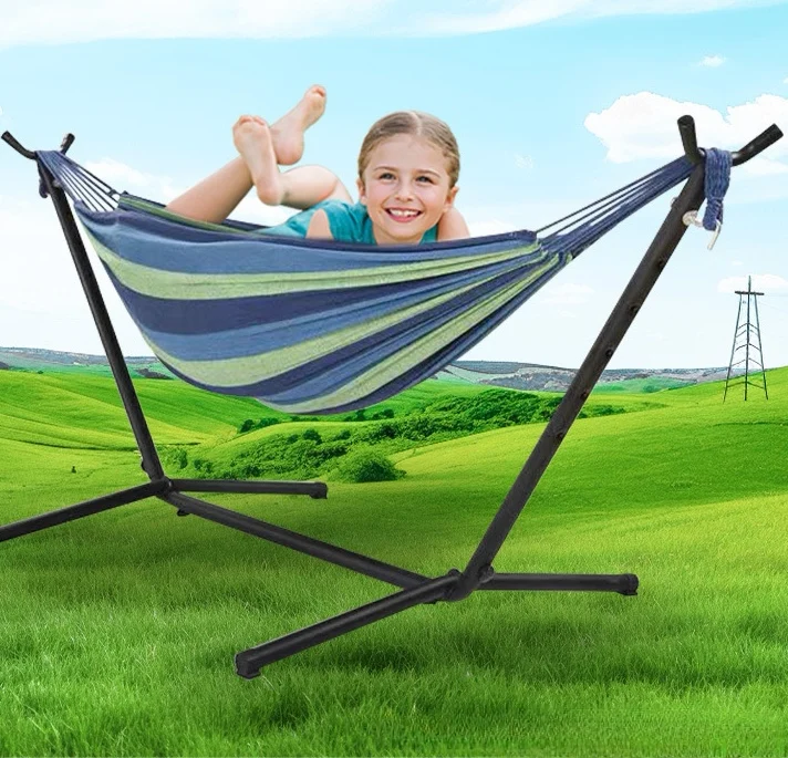 Manufacturer Parachute Cloth Portable Indoor Outdoor Nylon Double Hammock with Steel Stand Two Person Adjustable Hammock Bed