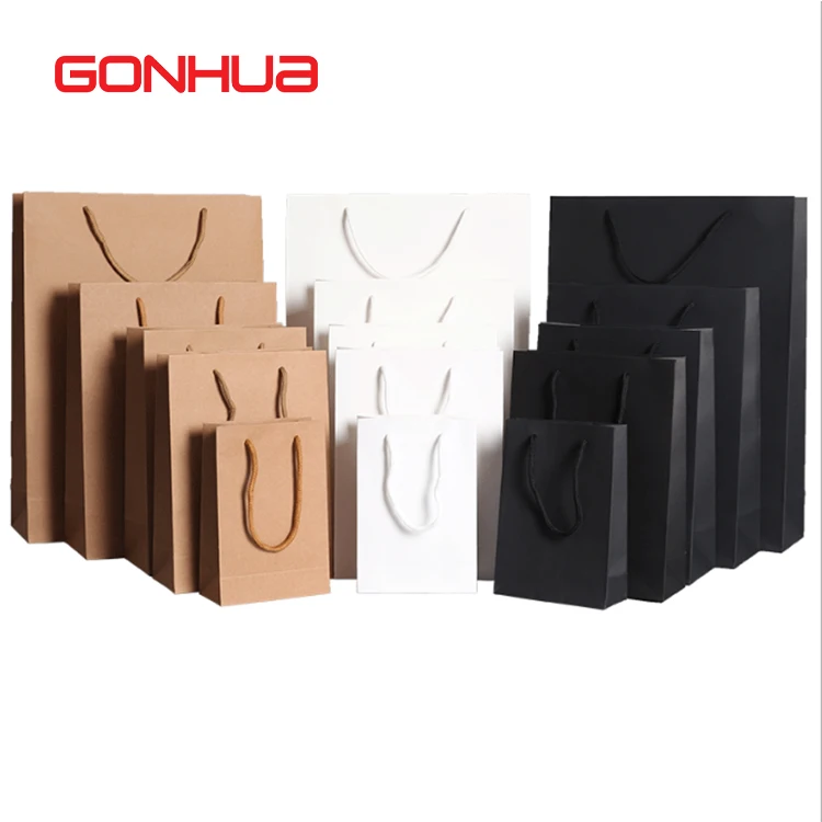 GONHUA supplier custom brand logo paper packaging big shopping bag recycled white black brown kraft paper bag with handle
