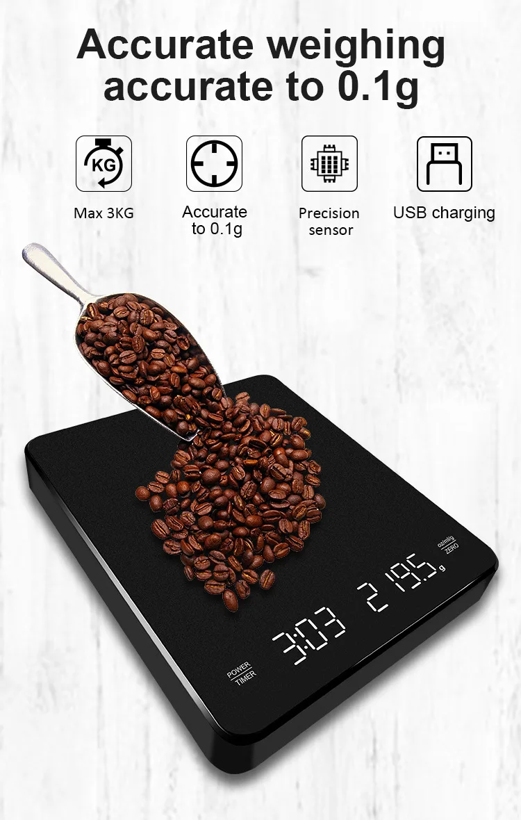 3kg weight electric digital LCD stealth touch botton rechargeable kitchen coffee scale with timer electronic coffee scale