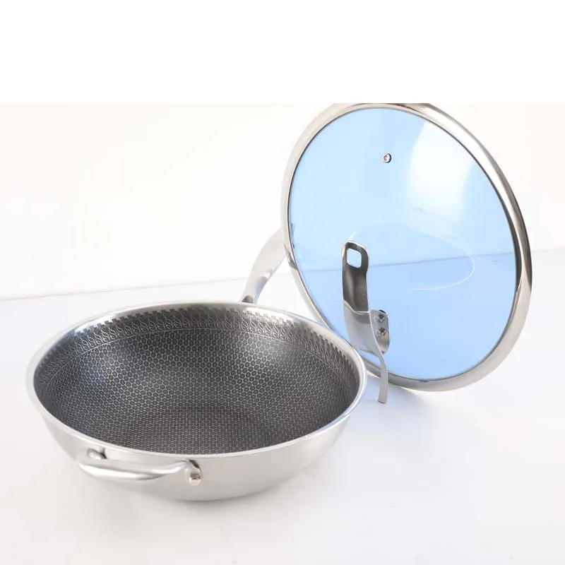 Factory price 34cm fry pan stainless steel chinese wok with lid