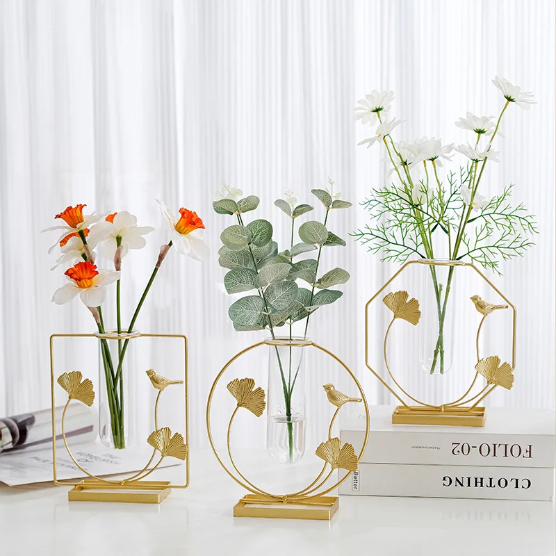Creative Indoor Home Decoration Desktop Hydroponic Planter Test Tube Glass Flower Vase with Gold Metal Stand
