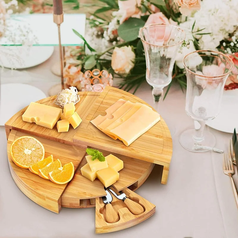 Cheap Price Compact Wedge wooden Round Charcuterie Platter Kitchen Snack Serving Tray Large Bamboo Cheese Board And Knife Set