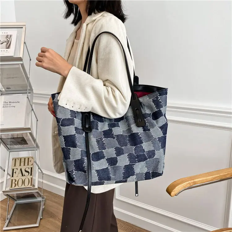 2023 Trendy Handbag Large Capycity Canvas Shoulder Bag Bolso De Mano Hombro Mujer Hot Sell Grid Pattern Oversized Tote Bag
