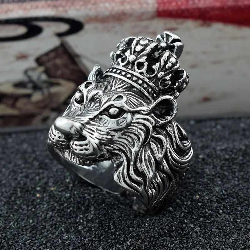 Wholesale Retro Lion Head Ring vintage black silver adjustable open Cool Boy Domineering Alloy Exaggerated Ring For Men
